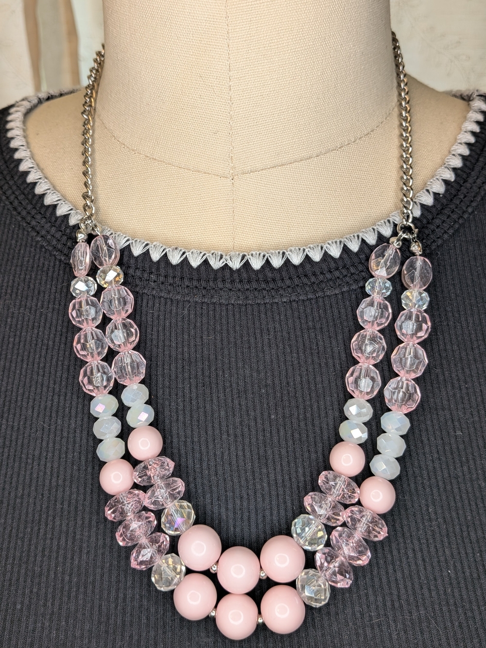 Double Strand Pink Crystal Faceted Bead Statement Necklace Silver Chain 22"